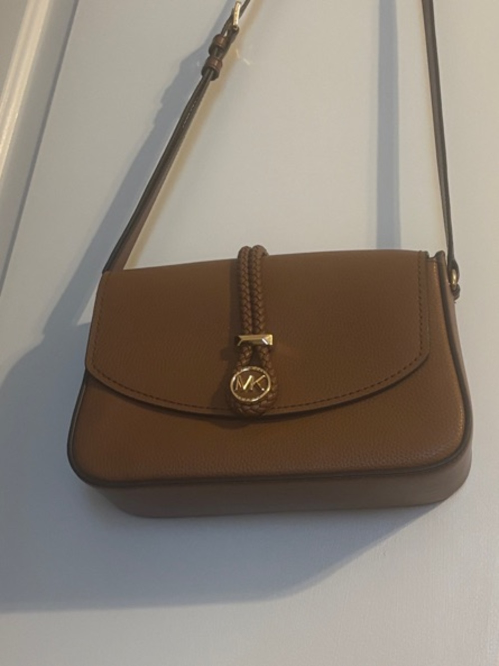 Michael Kors Tan/Brown Leather Crossbody with Gold MK Charm